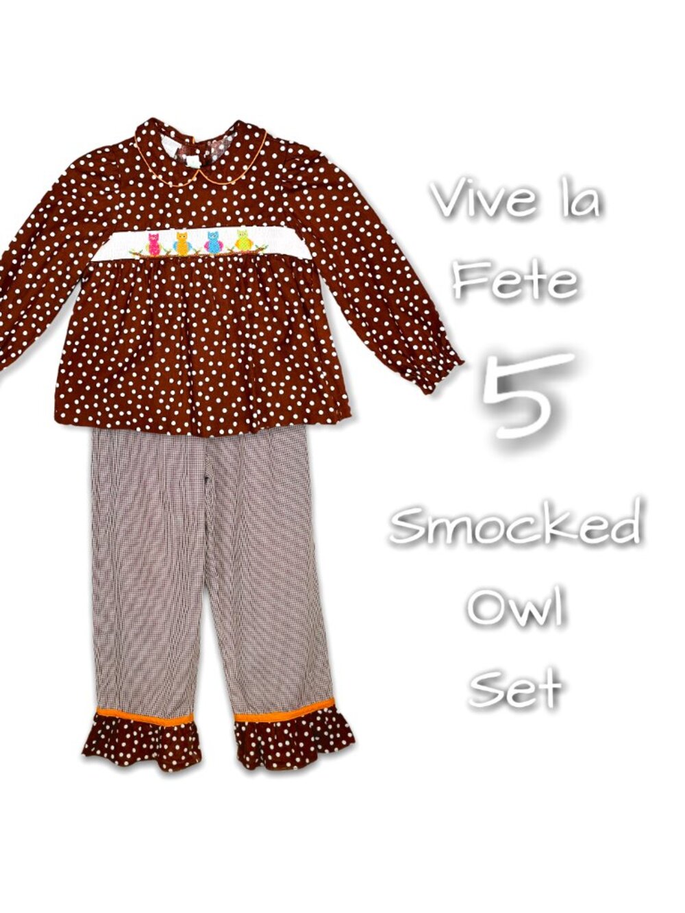 Girls Owl Embroidered Long Sleeve Smocked + Ruffle Pants Matching Outfit Set 5